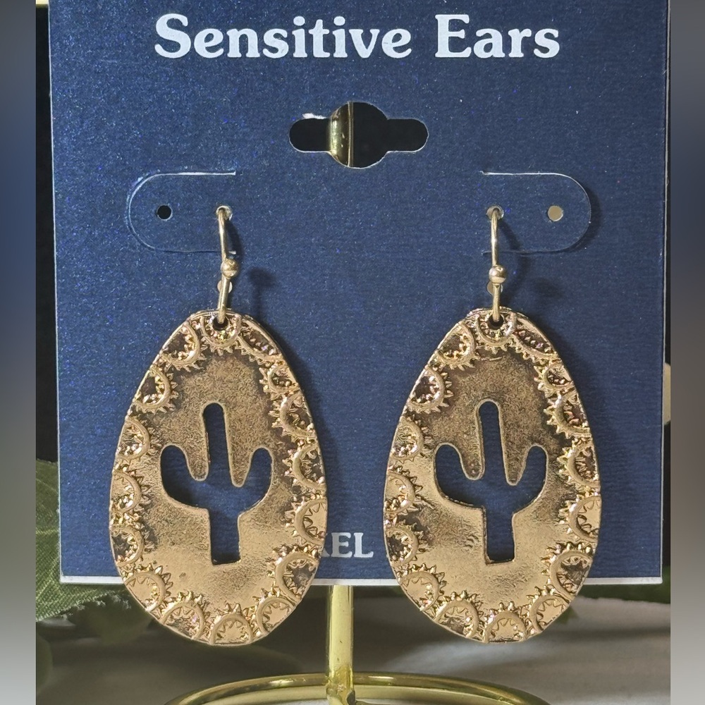 Sensitive Ears Brassy Antique Cactus Cut Out Dangling Hook Earrings 1.75 inch